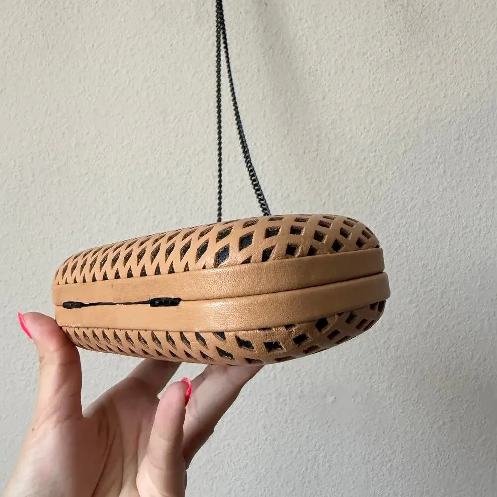 Loeffler Randall Laser Cut Leather Minaudière Clutch in Camel Black